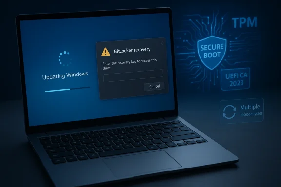 Laptop screen shows BitLocker recovery key prompt during “Updating Windows,” with secure boot/TMP chip icons.