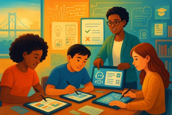 Illustrated classroom scene where a teacher helps three students use tablets with icons and circuit-themed posters.