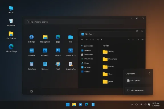 Windows 11 File Explorer start screen showing folders and desktop shortcuts.