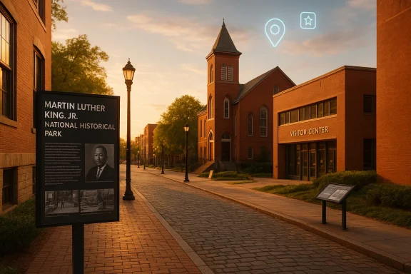 Historic campus walkway at dusk with a sign for Martin Luther King Jr. National Historical Park and a church visitor center.