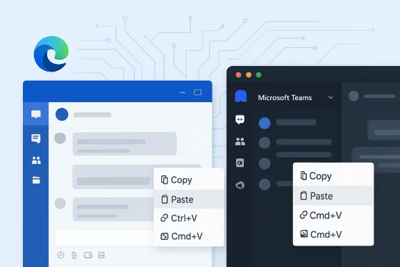 Futuristic image showing Microsoft Teams alongside context menus for Copy, Paste, and Ctrl/Cmd+V.