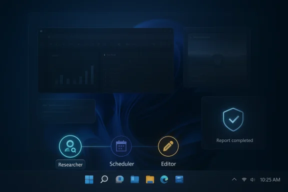 Blue abstract desktop dashboard with app icons for Researcher, Scheduler, Editor and a “Report completed” badge.