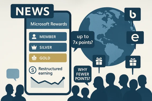 News graphic showing Microsoft Rewards tiers, “up to 7x points?” and “why fewer points?” with a world map.