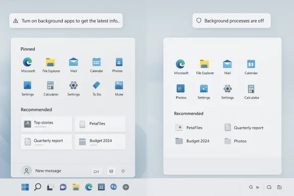 Split Windows Start menu mockups showing pinned apps and recommended tiles, with background processes/off indicators.