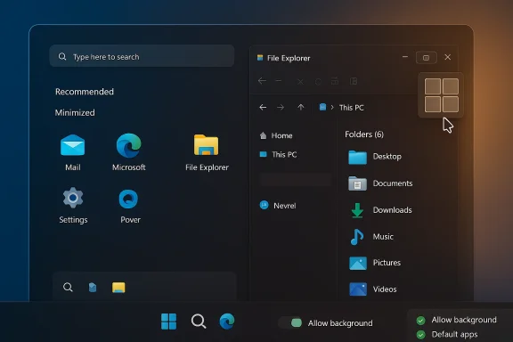 Windows desktop showing Start menu and File Explorer with “This PC” and common folders.