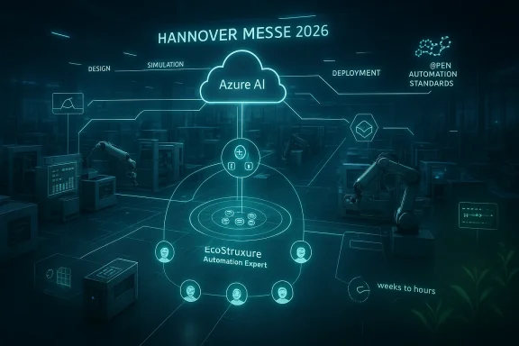 Neon tech graphic for “Hannover Messe 2026” showcasing Azure AI with cloud, automation, and robots in a warehouse.