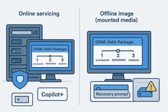 Diagram comparing online servicing with Copilot+ versus offline image servicing using mounted media, DISM, and recovery prompts.