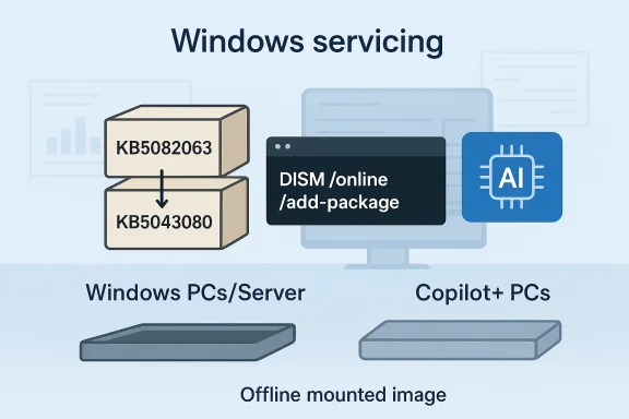 Illustration showing Windows servicing via DISM/onine add-packages using offline mounted images for Windows PCs and Copilot+ PCs.