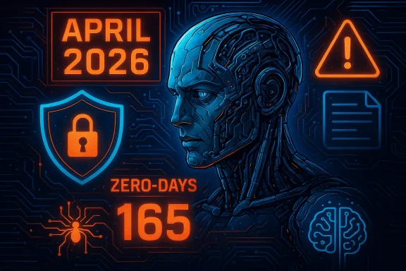 Futuristic cyber-security poster with an AI android, “APRIL 2026,” “ZERO-DAYS,” and “165” alerts.