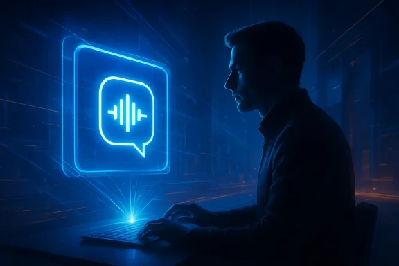 Silhouetted programmer at a glowing laptop, with neon blue soundwave chat icon in a cyber tunnel.