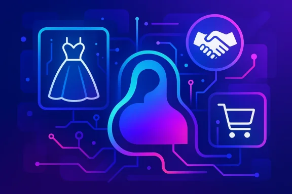 Neon digital illustration of clothing designs, a handshake icon, and a shopping cart in tech circuitry style.