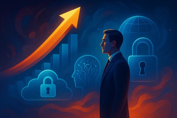 Futuristic cybersecurity scene with a man, lock icons, and an upward data arrow in blue and orange.