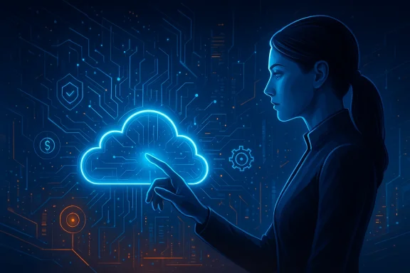 Futuristic blue-lit woman reaching toward a glowing cloud data network in a circuit-board city.
