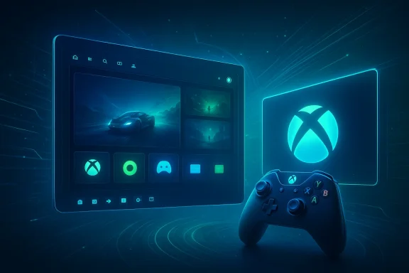 Futuristic game dashboard with an Xbox controller glowing against a neon blue tech background.