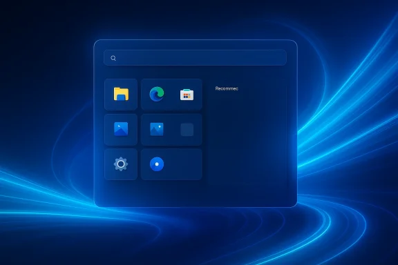 Glowing blue UI dashboard with app icons and a search bar on a futuristic desktop background.