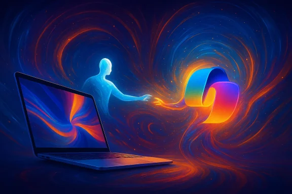 Abstract digital art shows a glowing human-like figure linking two colorful screens in a swirling nebula.