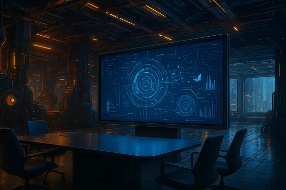 Futuristic conference room with a glowing blue holographic radar display on a large screen.