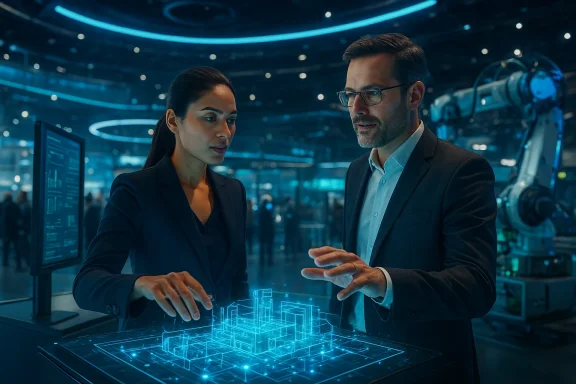 Two business professionals review a glowing digital data map in a futuristic control room.