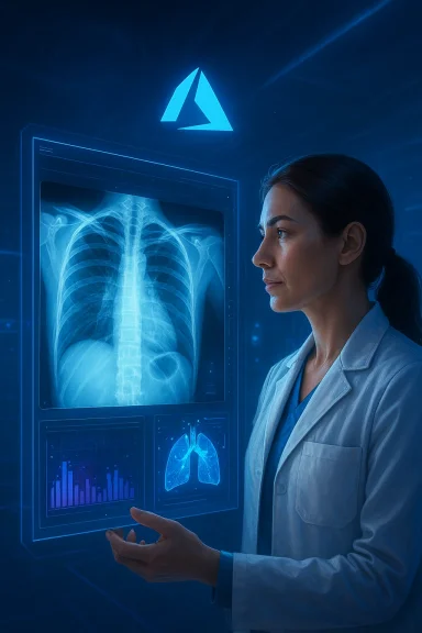 Doctor in blue lab coat studies a glowing X-ray and chest scan on a digital medical screen.