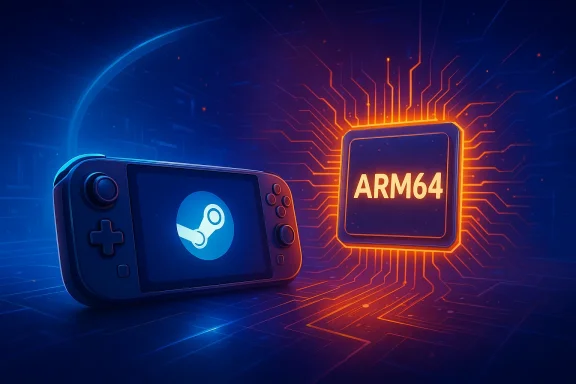 Futuristic handheld game console faces an “ARM64” chip on a glowing circuit board background.