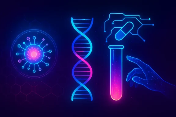 Neon DNA and genetic test visuals with glowing lab symbols on a dark blue circuit background.