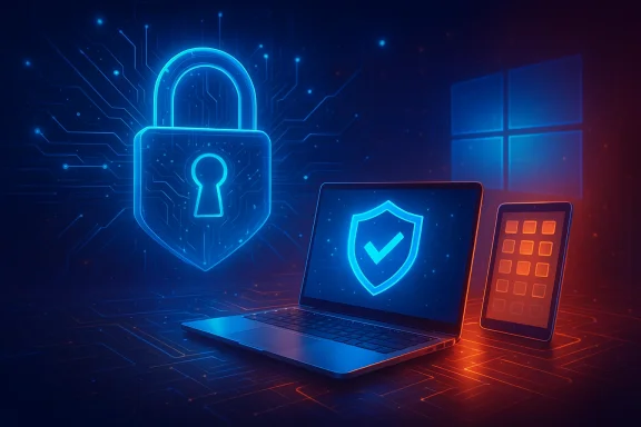 Digital cybersecurity scene with a glowing padlock and shield over a laptop and mobile device.