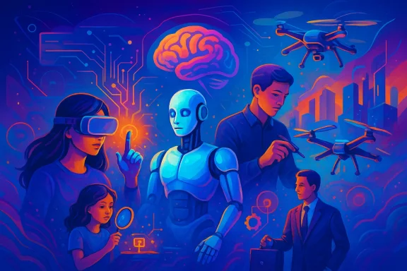 Neon digital artwork of kids and adults with VR headsets, AI robots, drones, and circuit-brain imagery.