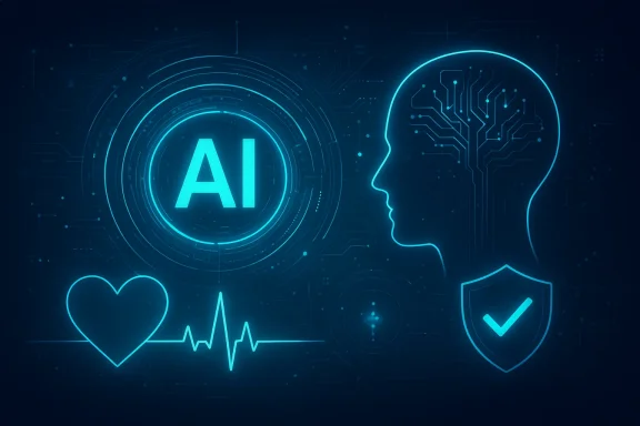 Futuristic AI interface with glowing circuitry brain, “AI” emblem, heart beat line, and shield icons.