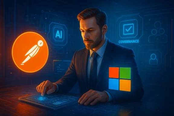 A tech executive taps a holographic AI interface as “governance” icons glow in the background.