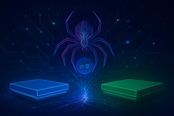 Neon AI chip graphic with a central glowing spider-circuit icon and two glowing server boxes.