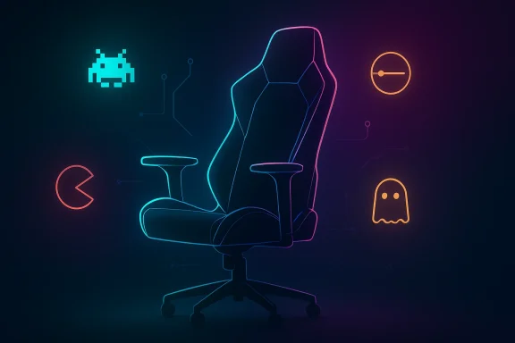 Neon wireframe office chair with gaming icons and circuit-like background.