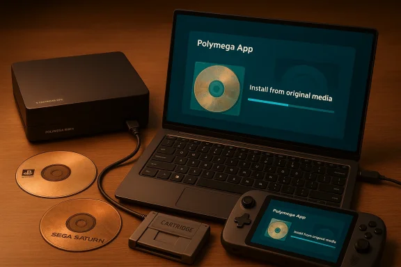 Laptop shows “Polymega App” install screen alongside retro discs, cartridge, and a handheld console.