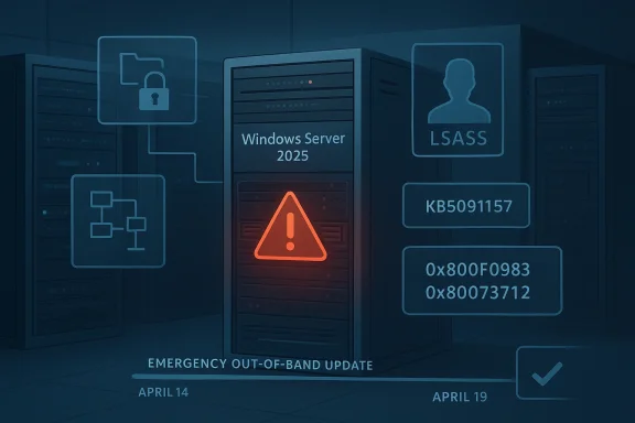 Emergency out-of-band update warning for Windows Server 2025, with LSASS and error codes on a server rack.