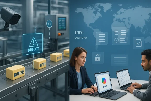 Split image shows warehouse defect alerts and a team discussing global logistics data on laptops.