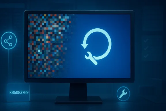 Blue desktop screen shows a refresh icon beside a pixelated matrix pattern with tool shortcut icons.
