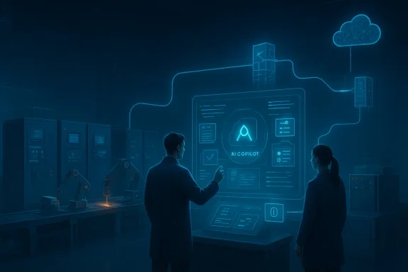 Two technicians in a data center interact with a glowing AI control interface and cloud network diagram.
