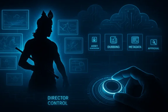 Silhouette of a director and a hand using a control interface with “Asset Generation,” “Dubbing,” “Metadata,” and “Approval.”