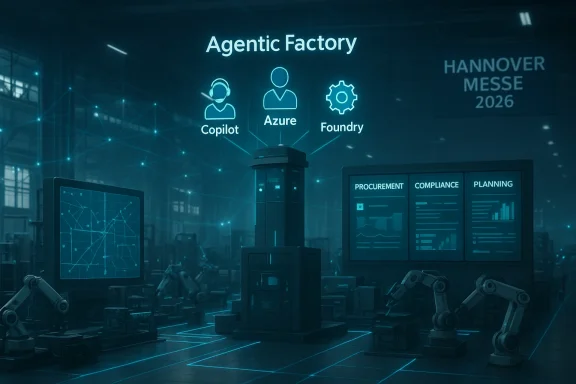 Futuristic data center scene with “Agentic Factory” branding and AI assistant icons over blue holograms.