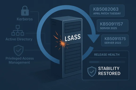 Illustration of a server cylinder marked with LSASS and patch IDs, indicating Windows security stability restored.
