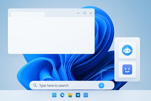 Windows-style desktop UI with search bar over blue swirling background and robot/chat icons.