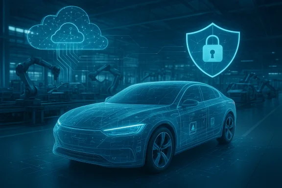 Blue digital overlay shows a smart car protected by cloud security and a shielded lock in a factory.