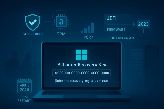 UEFI BitLocker recovery screen shows a recovery key entry prompt on a laptop with secure boot, TPM, and PCR7 icons.