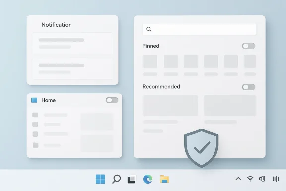 Illustration of a UI dashboard with pinned and recommended sections protected by a shield icon.