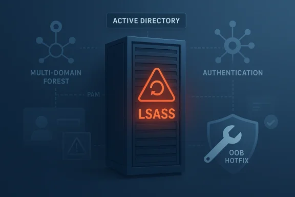 Network security graphic showing Active Directory, authentication, and an Lsass breach warning.