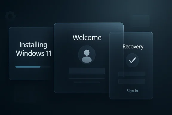 Futuristic Windows 11 setup screen showing “Installing,” “Welcome,” and “Recovery.”