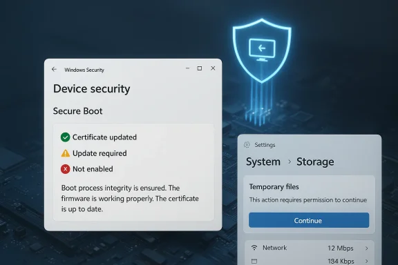 Windows Security “Device security” with Secure Boot showing certificate update and update required.