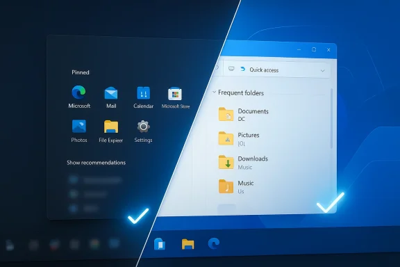 Split-screen of Windows Start menu and File Explorer Quick access on a blue desktop.