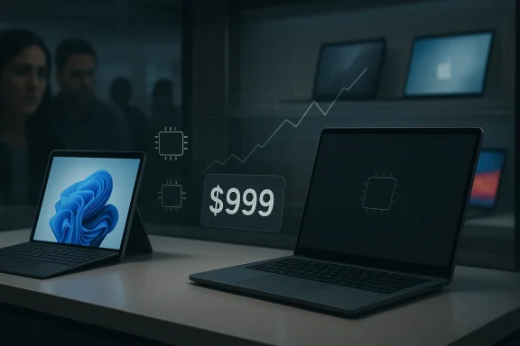 Abstract tech office scene with rising stock graph overlay and a “$9999” price tag on laptops.