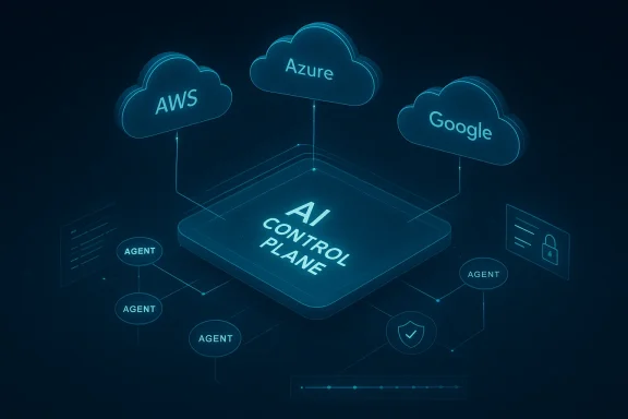 Neon cloud network diagram showing AWS, Azure, Google connecting to “AI Control Plane” with multiple agents.