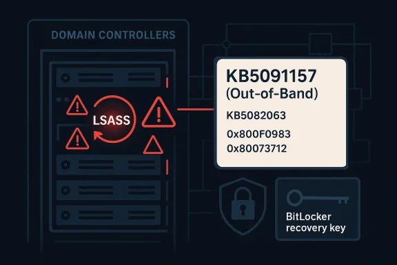 Diagram shows domain controllers with LSASS warning icons and an out-of-band KB5091157 patch note.